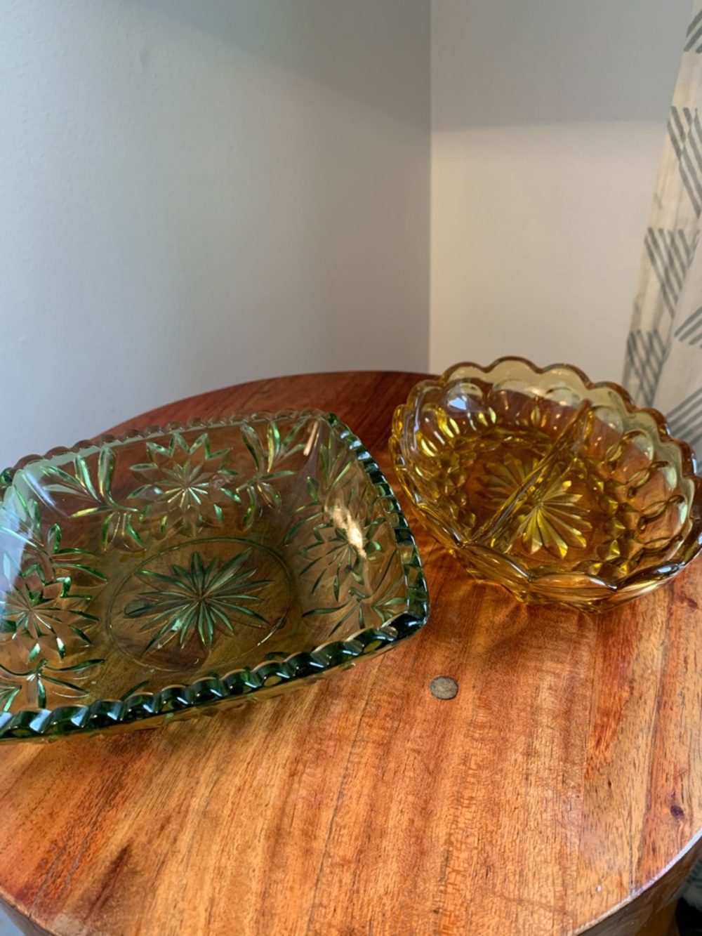 Vintage Green and Amber Pressed Glass Serving Bowls